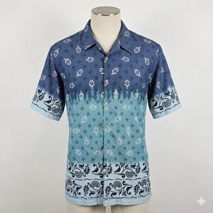 Vintage Ombre Hawaiian Shirt | Mens Blue Boho Geo Print Button Down